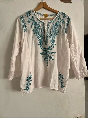 White Tunic Top with Teal Embroidery